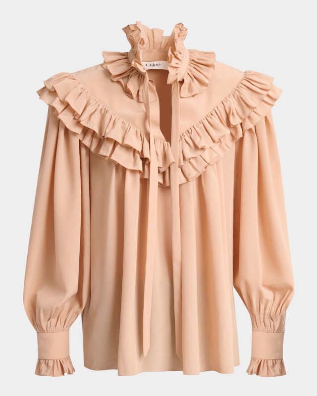 Ruffle-Yoke Silk Blouse